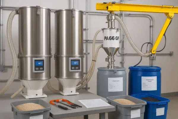PA66 GF resin drying and material handling system with hopper loader and stainless dryers, showing injection molding raw material preparation.