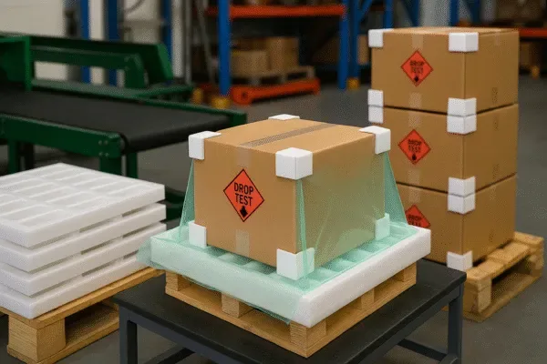 Shipping cartons secured with protective foam corners on a pallet, labeled for drop test packaging, showing safe industrial parts export packing.
