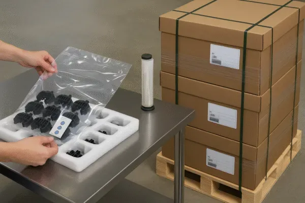 Plastic parts packed in a foam tray and sealed bag on a worktable, with strapped cartons on a pallet for export shipping.