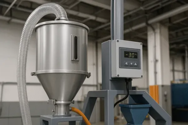 Plastic resin dryer hopper with temperature controller set to 30°C for injection molding material drying and process control.