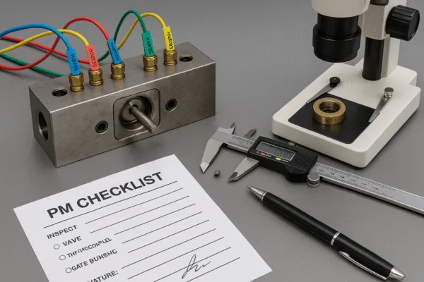 Preventive maintenance checklist with inspection tools, digital caliper, and microscope beside a precision metal component for quality control.