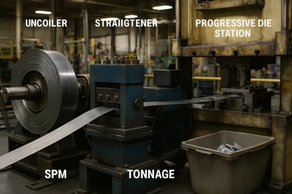 Progressive die stamping line showing uncoiler, straightener, and press station with coil feed, tonnage and SPM labels