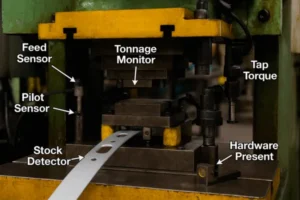 Progressive die stamping press showing in-die sensors (feed sensor, pilot sensor, stock detector) and a tonnage monitor for process control.