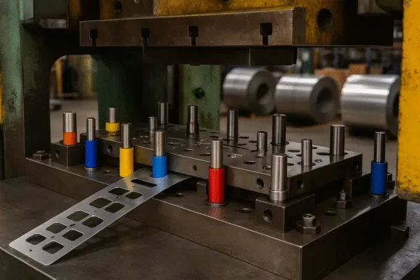 Progressive stamping die tooling in a press machine forming a metal strip with multiple cutouts for high-volume production.