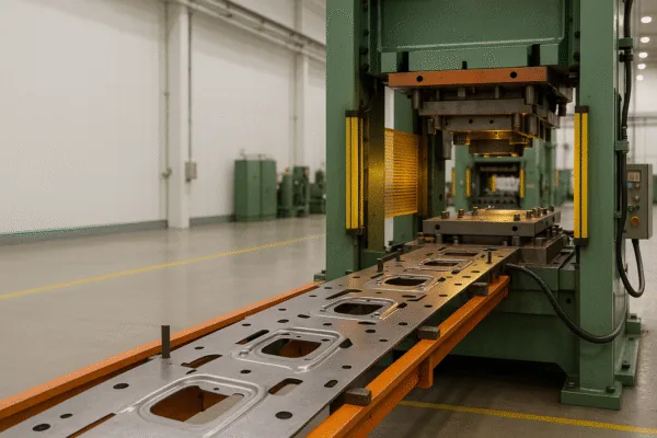 Progressive stamping press line feeding a sheet metal strip through a die for high-volume custom metal stamping parts.