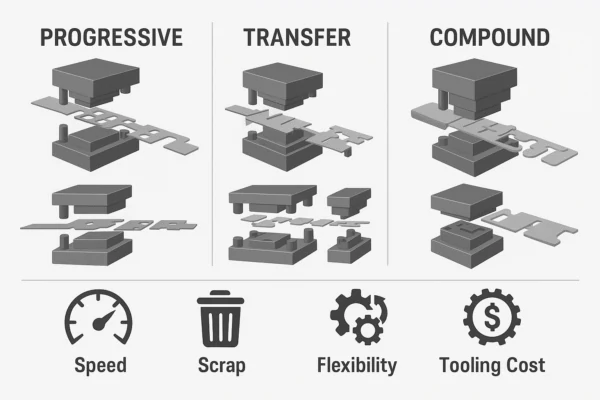 Comparison diagram of progressive, transfer, and compound stamping dies with icons for speed, scrap, flexibility, and tooling cost.