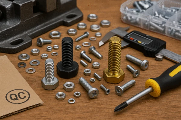 Quality control inspection of industrial fasteners with bolts, screws, nuts, and washers on a workbench using a digital caliper