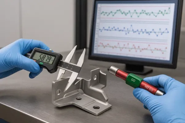 Quality inspection of a precision metal bracket using a digital caliper and go/no-go gauge, with SPC charts on screen.