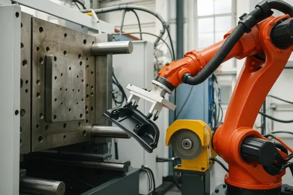 Industrial robot trimming an injection molded plastic part at the mold station for automated deflashing and consistent quality.