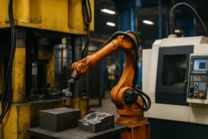 Industrial automation cell with robotic arm tending a hydraulic press beside a CNC machining center for precision metal part manufacturing