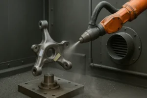 Robotic arm sandblasting a forged metal component inside a finishing booth, showing automated surface preparation for industrial parts.