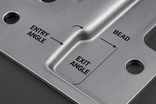 Close-up of a sheet metal bead showing entry angle and exit angle on a stamped panel.