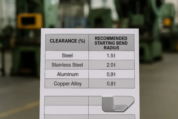 Sheet metal bending reference chart showing recommended starting bend radius for steel, stainless steel, aluminum, and copper alloy, with forming diagram in a stamping shop.