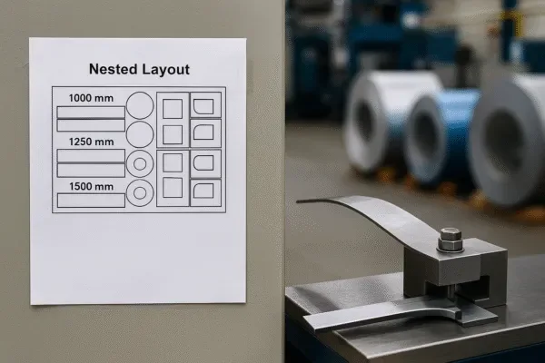 Sheet metal nested layout plan with coil material in the background and a press fixture setup for efficient stamping production.