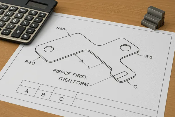 Sheet metal bracket drawing showing “pierce first, then form” sequence with radii and dimension callouts for stamping and bending