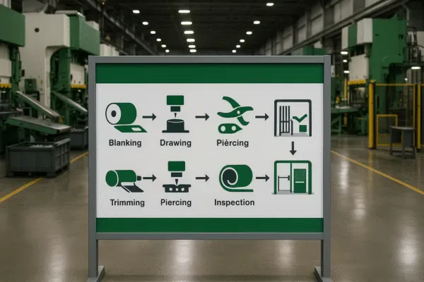 Sheet metal stamping process flow sign showing blanking, drawing, piercing, trimming, and inspection steps inside a press shop.