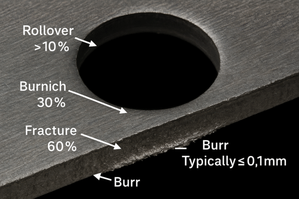 Sheet metal stamping sheared edge showing rollover, burnish, fracture zones, and burr height ≤0.1 mm