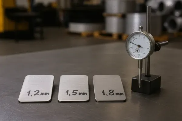 Sheet metal thickness samples labeled 1.2mm, 1.5mm, and 1.8mm with a dial indicator gauge for precision measurement in manufacturing.