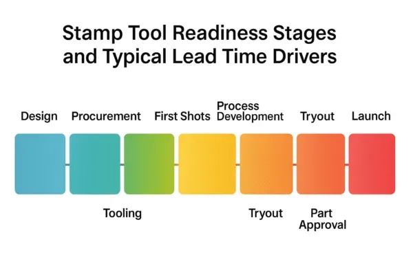 Stamp tool readiness stages timeline showing design, procurement, first shots, process development, tryout, and launch lead times