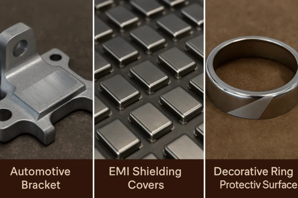 Custom metal stamping parts: automotive bracket, EMI shielding covers, and decorative protective ring.