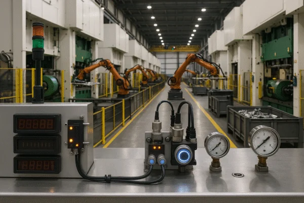Automated metal stamping line with robotic press-tending arms and process monitoring control panel with pressure gauges in a factory.