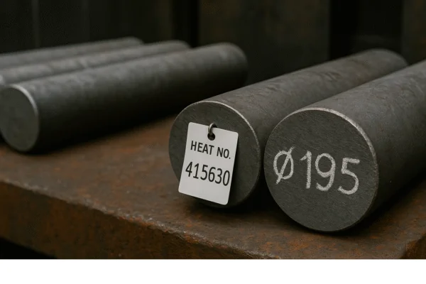 Steel round bar stock with heat number tag and Ø195 marking for material traceability in forging and machining.
