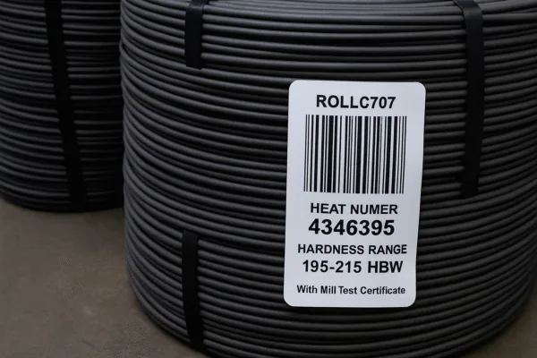 Steel wire coil with heat number label and barcode for material traceability and mill test certificate (MTC)