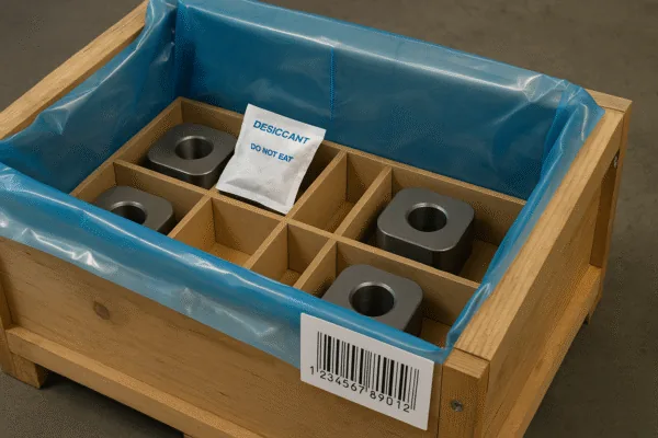 Wooden export crate with compartment dividers, blue liner, desiccant pack, and precision machined metal parts for moisture-protected shipping.