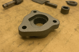 A casual iPhone snapshot of powder metallurgy parts on a factory workbench, showing small gray metal components with rough textures and irregular arrangement under warm lighting.