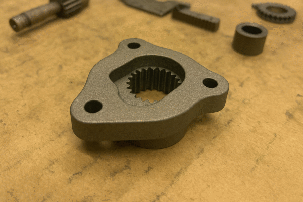 A casual iPhone snapshot of powder metallurgy parts on a factory workbench, showing small gray metal components with rough textures and irregular arrangement under warm lighting.