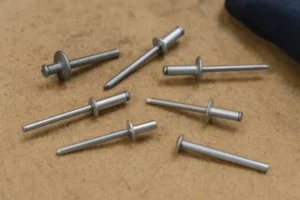 Assorted steel rivets with various head shapes, laid out on a flat surface.
