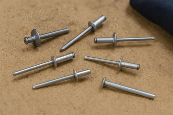 Assorted steel rivets with various head shapes, laid out on a flat surface.