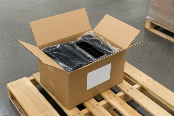Cardboard box containing plastic parts, securely wrapped and ready for shipping on a wooden pallet.