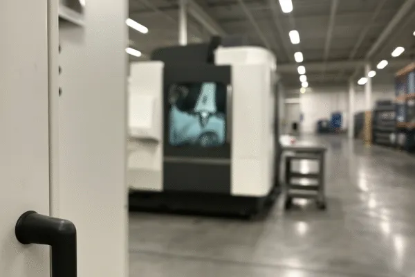 View of a CNC machine in a manufacturing facility, partially obscured by a door frame.