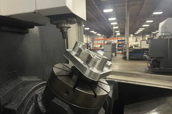CNC machine cutting a metal part, showcasing precision machining on a high-performance component.