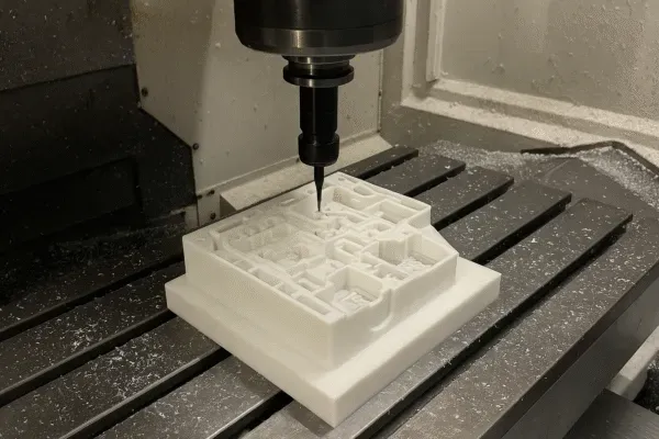 CNC machine tool processing a white plastic workpiece with intricate details.