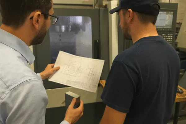 Two professionals reviewing a CNC machine blueprint, discussing the manufacturing process for a custom part.