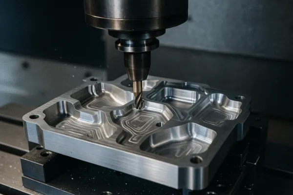 CNC milling machine cutting an aluminum part, demonstrating precision machining in an industrial setting.