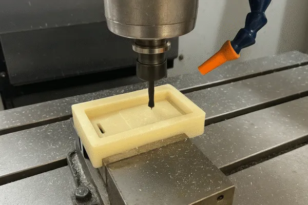 CNC milling machine cutting a plastic part, showing the precision and detail of the machining process.