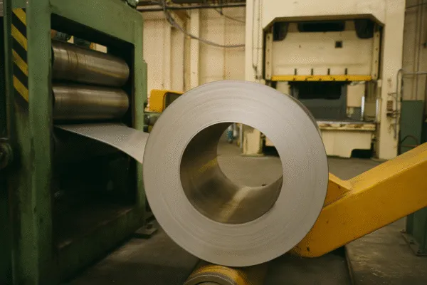 Coil of metal sheet being processed by a rolling machine in a manufacturing facility.