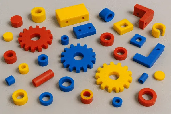 Colorful plastic gears and mechanical components in red, blue, and yellow arranged neatly on a light background.