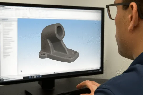 Engineer reviewing a 3D CAD model of a custom machined metal bracket on a computer monitor.