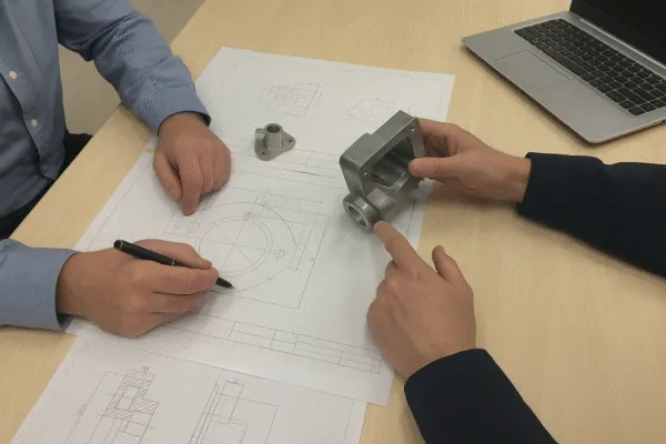 Two professionals reviewing a CNC part design on paper and discussing the part with a physical sample.