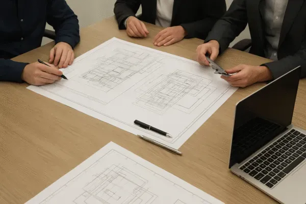 Team of engineers reviewing technical drawings on a table with a laptop nearby.