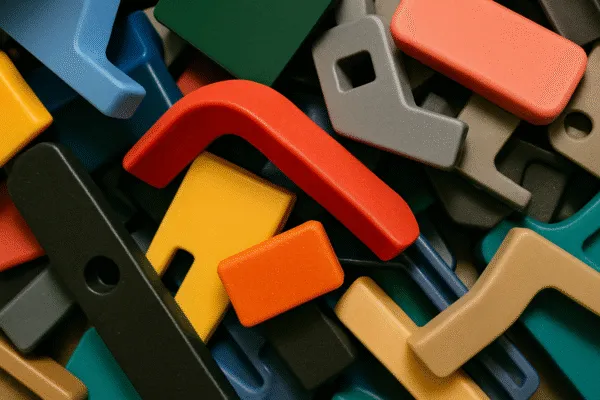 Close-up of various finished plastic parts in different colors, used for industrial applications and assembly.