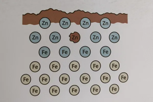 Illustration showing the molecular structure of galvanized metal, with zinc (Zn) atoms protecting iron (Fe) atoms from corrosion.