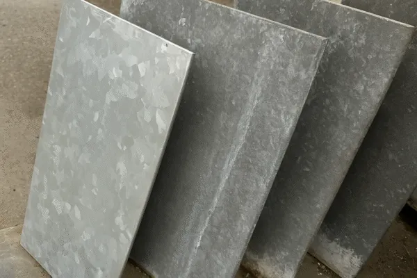 Close-up of galvanized metal sheets, showcasing the texture of the zinc coating on the surface.