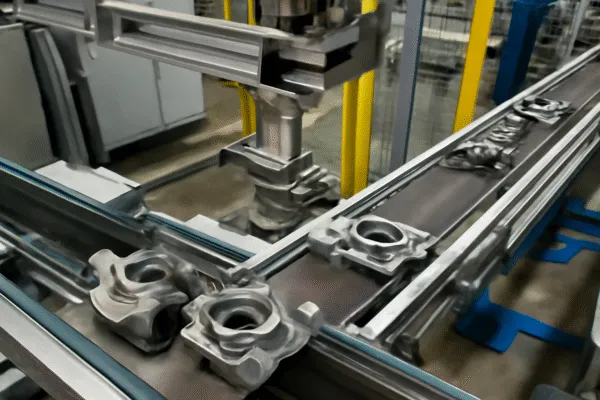 Industrial conveyor belt with metal parts moving through an automated production line.