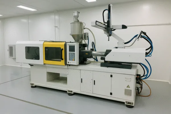 Injection molding machine in a clean room, used for manufacturing plastic components.