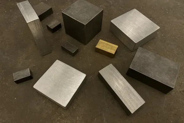 Various metal blocks and bars in different shapes and sizes, ready for machining or further processing.